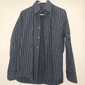 Hugo Boss Shirt Mens 15 32/33 Black Blue Striped Button Up Long Sleeve Dress